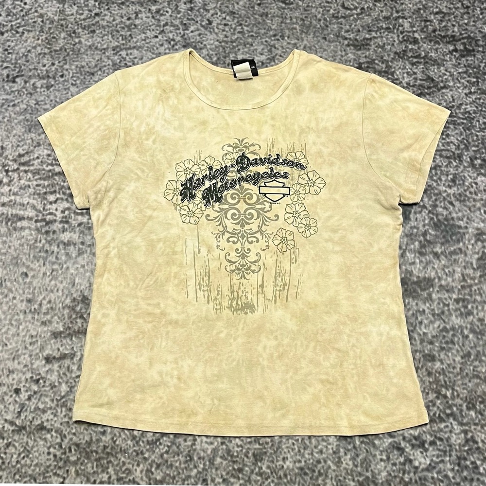 Vintage Harley Davidson Shirt Womens XL Beige Floral Biker Logo Y2K Top